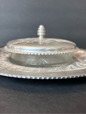 Vintage Aluminum And Glass Covered Condiment Dish